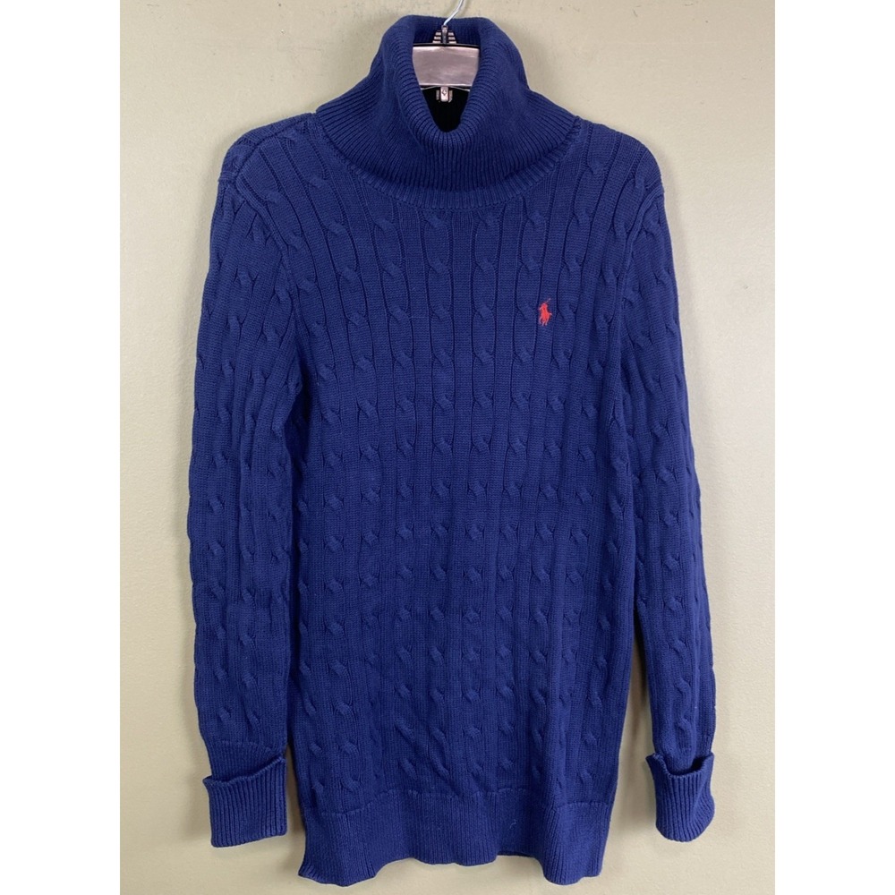 Ralph Lauren Sport Turtleneck Cable Knit Sweater Long Navy Blue Women's Medium